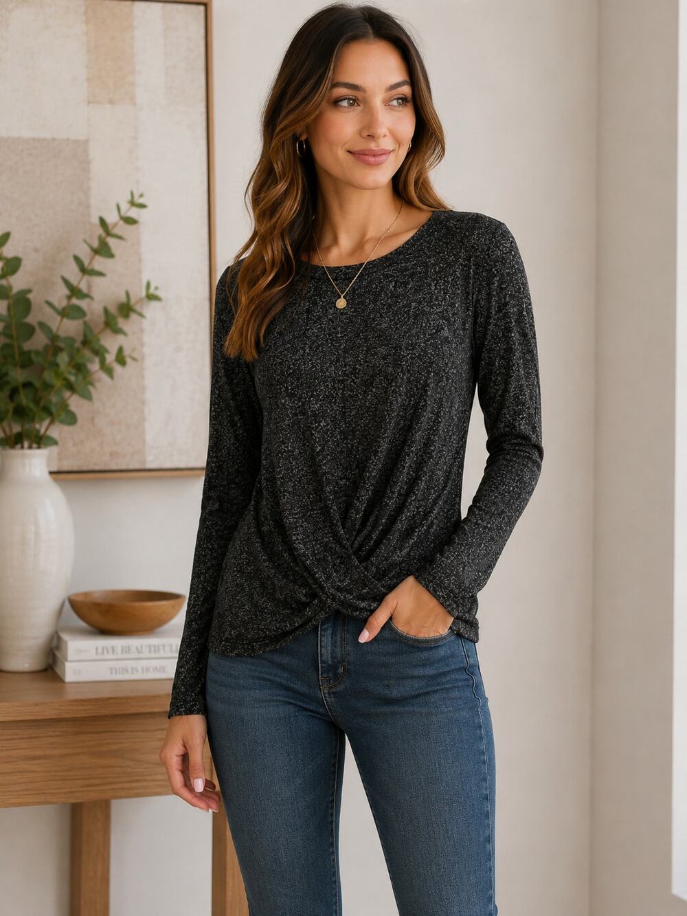 Moa & Moa Black Marble Twist Front Long Sleeve Top Size S